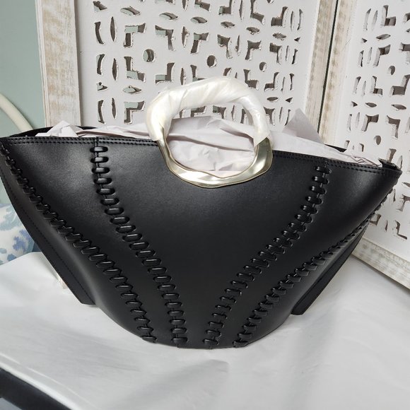 AJE Whipstitch Remi Black Large Leather Tote Gold Sculptural Handles PRICE DROP - Picture 8 of 10